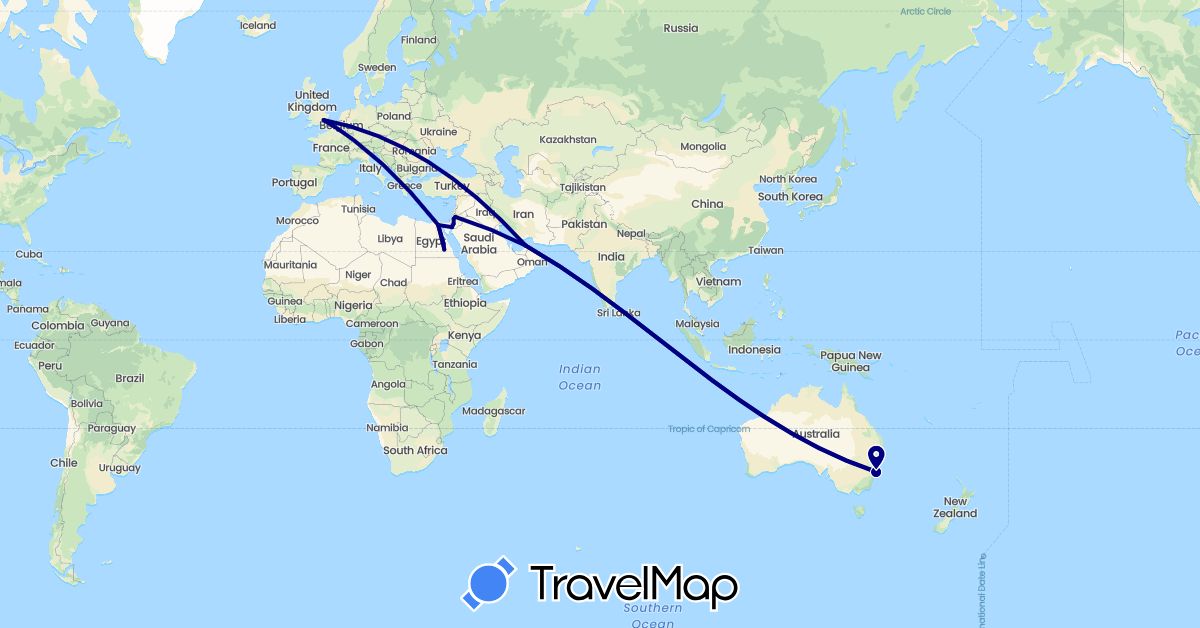TravelMap itinerary: driving in United Arab Emirates, Australia, Egypt, United Kingdom, Jordan, Palestinian Territories (Africa, Asia, Europe, Oceania)